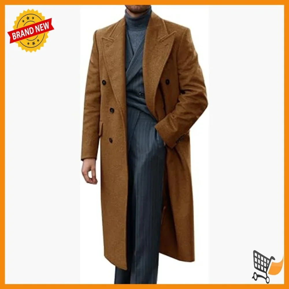 Men's Wool Blend Trench Coat Double Breasted Peacoat Winter Overcoat